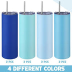 8 Pcs 20oz Insulated Stainless Steel Tumbler with Lid and Straw, Blue - Image 2
