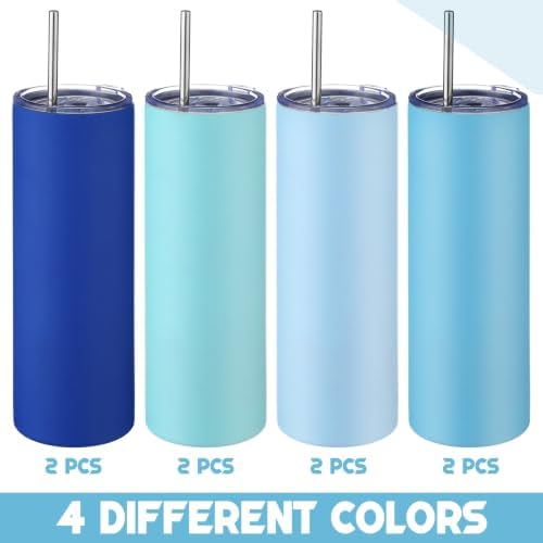 8 Pcs 20oz Insulated Stainless Steel Tumbler with Lid and Straw, Blue - Image 2