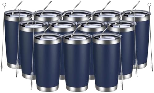 MEWAY 20oz Tumbler 12 Pack Double Wall Vacuum Insulated Travel Mug Bulk, Stainless Steel Tumblers with Lid and Straw, Durable Powder Coated Coffee Cups for Cold & Hot Drinks (Navy, 12) by MEWAY
