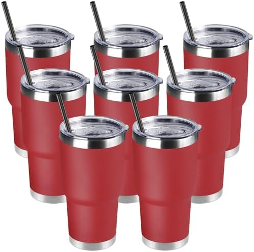 DOMICARE 30oz Tumbler Bulk with Lid and Straw, Double Wall Travel Coffee Mug, Insulated Vacuum Stainless Steel Tumblers, Powder Coated Tumbler Cup (Red, 8) by VisittheDOMICARE