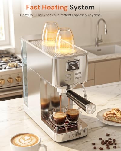 Kismile 20 Bar Espresso Machine with Milk Frother, Compact Semi-Automatic Espresso Maker, Stainless Steel, Pressure Gauge, 1.4L Water Tank, Hot Water Function for Cappuccino & Latte (Stainless Steel) - Image 5