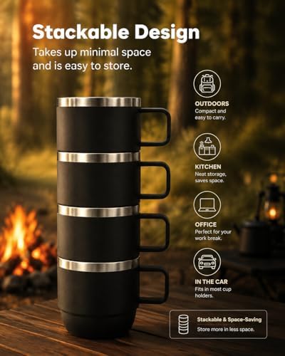 6 oz Stackable Mug, Stainless Steel cup with handle, Vacuum Insulated Espresso/Coffee Mug, shot Glass Set for 2-Piece Set for Coffee, Spirits, Wine, Tea- black - Image 7