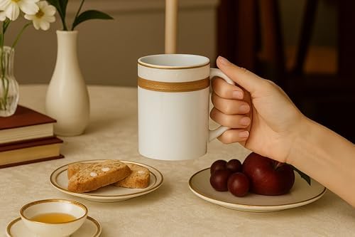 Porcelain Mug - White with Gold Rope Design, 4 Piece Set - Image 7