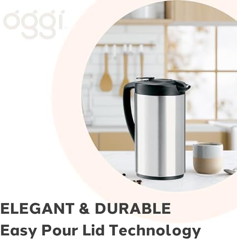 OGGI Oval Carafe Glass Liner - Stainless Steel Body, 1 Liter / 34oz Capacity - Ideal Glass Vacuum Coffee Carafe and Tea Thermos, Press Button for Easy Pouring - Stainless - Image 6