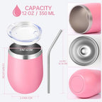 Volhoply 12oz Stainless Steel Wine Tumbler with Lid Bulk 12 Pack,Double Wall Vacuum Stemless Wine Glasses,Reusable Metal Travel Coffe Mug with Straw,Insulated Cups Gifts for Christmas（Pink,12 Set） - Image 2