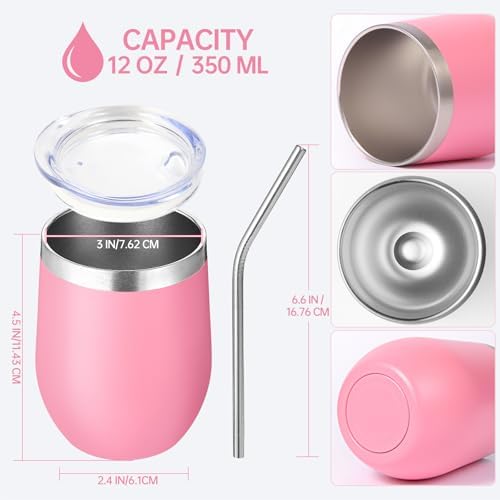 Volhoply 12oz Stainless Steel Wine Tumbler with Lid Bulk 8 Pack,Double Wall Vacuum Stemless Wine Glasses,Reusable Metal Travel Coffe Mug with Straw,Insulated Cup Gifts for Women,Christmas（Pink,8 Set） - Image 2
