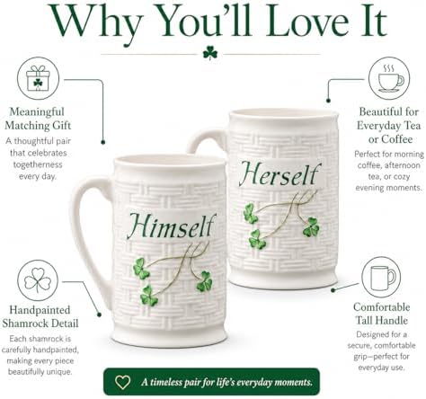 Belleek Classic Himself & Herself 12 oz Irish Coffee Mug Set, Handcrafted Parian China Cups, Shamrock Design, Set of 2, White - Image 5