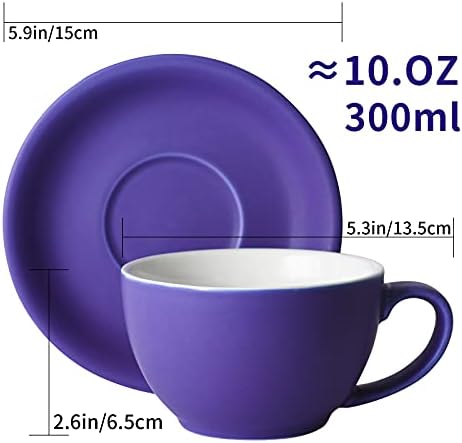 Yundu Ceramics Latte Cup and Saucer - 10 oz for Cappuccino,Tea,Cafe Mocha, Set of 4,Matte Mixed Color - Image 3