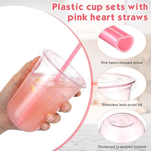 Ziliny 50 Sets 16oz Pink Plastic Cups with Heart Shaped Straws and Lids - Image 5