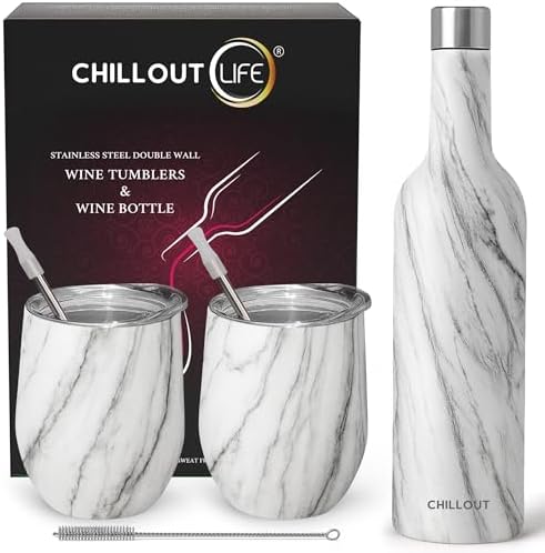 CHILLOUT LIFE 12 oz Stainless Steel Wine Tumblers 2 Pack & 1 Insulated Wine Bottle - Double Wall Vacuum Insulated Wine Glasses Cups with Lids and Straws Set Keeping Cold & Hot Gift Set by CHILLOUTLIFE