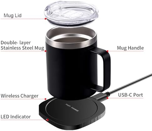 and Wireless Charger 55℃ Constant Temperature for Desk Home Office, 304 Stainless Steel Cup with Leakproof Lid, WhiteBlackGreen (Green) - Image 2