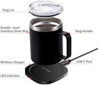 and Wireless Charger 55℃ Constant Temperature for Desk Home Office, 304 Stainless Steel Cup with Leakproof Lid, WhiteBlackGreen (Green) - Image 2