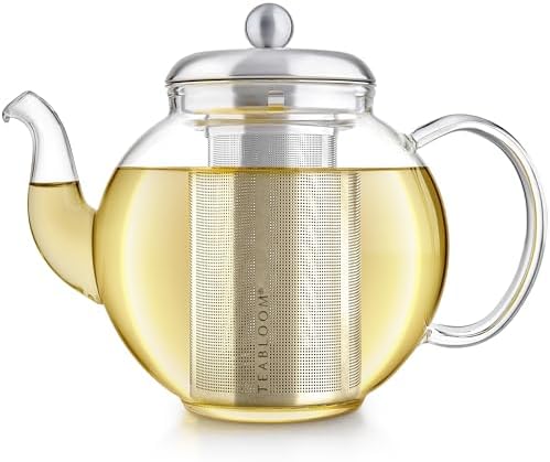 Teabloom Heritage Borosilicate Glass Teapot – 40 oz Classic Round Design with Stainless Steel Infuser – Stovetop Safe, Drip-Free Spout, Durable Heat-Resistant Tea Kettle for Loose Leaf or Teabags by Teabloom