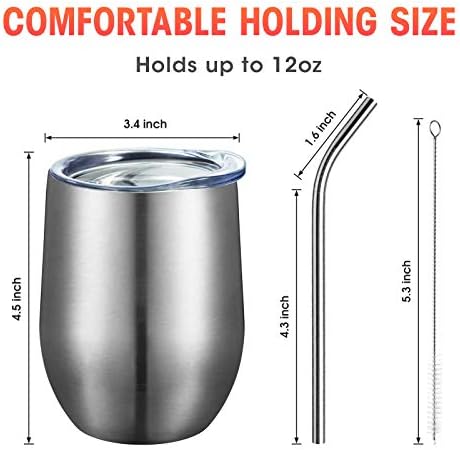 COMOOO 12oz Insulated Wine tumbler with Lid, Stainless Steel Stemless Wine Tumbler Glass,Double Wall Vacuum Wine Tumbler Cups with Straw for Coffee, Cocktails,Beer,Champaign Silver, 4 Pack - Image 3