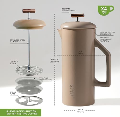 AIRES Ceramic French Press Coffee Maker – 34 oz Heat-Retaining Stoneware – Elegant Neutral Color – Inspired by Buenos Aires Coffee Culture – Gift-Ready with Barista Brewing Guide - Image 2