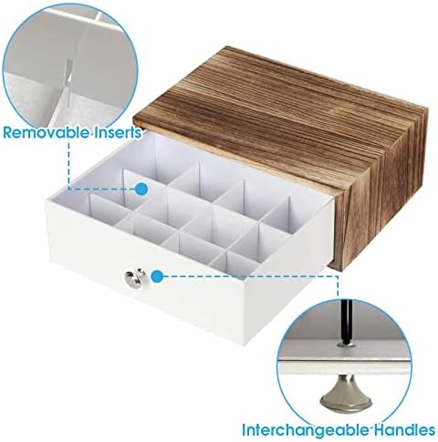 JACKCUBE DESIGN Rustic Wood Tea Storage Box Tea Bag Organizer Stand Holder Drawer / 12 Adjustable Compartments and White Faux Leather Drawer/Acrylic Divider - :MK447C - Image 6