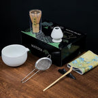 White Japanese Matcha Tea Set of 7 Ceremony Matcha Kit with Matcha Bowl(Chawan) with Pouring Spout, Matcha Whisk (Chasen), Scoop (Chashaku), Ceramic Whisk Holder, Scoop Stand，Sifter,Tea Napkin by Auerhceram