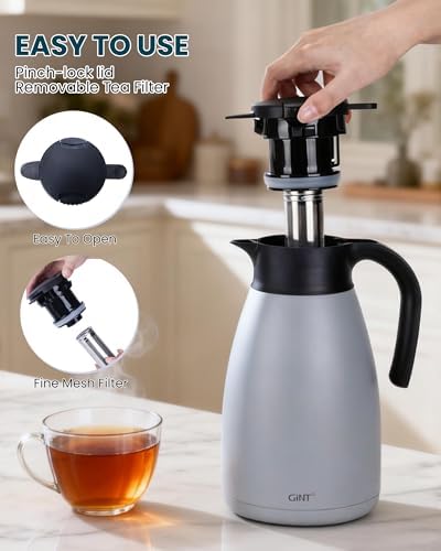 GiNT 74oz Large Thermal Coffee Carafe with Infuser–Insulated Tea Carafe, Removable Filter, Dishwasher-Safe|2.2L 10+ Cups,Wide Mouth,Dual Seal|Stainless Steel Beverage Server for Office&Events - Image 4