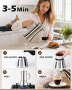 Stainless Steel Moka Pot 9 Cup 20 oz, All-Metal Stovetop Espresso Maker, Plastic-Free Non-Toxic, for Induction Gas Electric Ceramic Halogen, Portable Camping Travel - Image 6