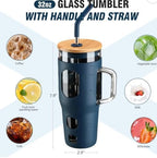32oz Glass Tumbler with Handle and Straw, Bamboo Lid, Silicone Sleeve, Reusable Iced Coffee Cup for Travel, Home, Office (Navy Blue) - Image 4