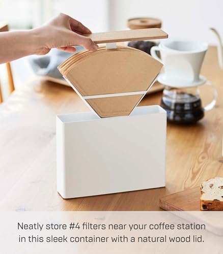 Yamazaki Home Wood Accent Coffee Pourover Filter Case with Lid - Storage Holder Stainless Steel Container Dispenser Steel + Wood White - Image 3
