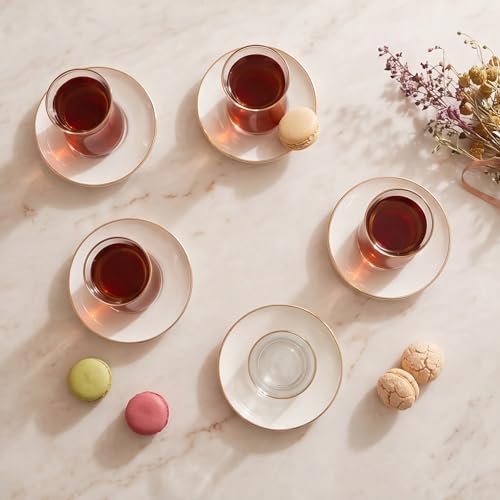 KARACA Retro Beige 6 Person Tea Set - 12 Piece Turkish Tea Cups and Saucers, Turkish Tea Glasses Set with Gold Decal Details - Image 3