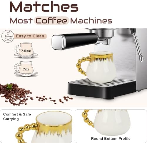 Espresso Cups Set of 6, 8 oz Ceramic Coffee Cup and Saucer Set with Spoons, Gold Trim Coffee Cup Mugs for Latte, Mocha, Tea, Au Lait, Flat White, Dishwasher & Microwave Safe - Image 3