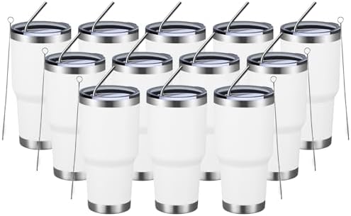 MEWAY 30oz Insulated Tumbler With Lids and Straws,Stainless Steel Double Vacuum Coffee Tumbler Cup, Brush, Durable Powder Coated Coffee Cup for Cold & Hot Drinks, Office, Travel(White,12 PACK) by MEWAY
