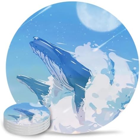 Blue Whale Drink Coasters Set of 4, Absorbent Round Ceramic Coasters for Desk, Clouds Natural Landscape Cup Mats for Home Kitchen Office Party Coffee Table Decoration Supplies by Unknown