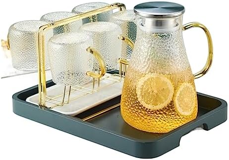 Water Pitcher Cold Kettle Glass Cold Water Cup Household Hammer Pattern high Temperature Resistant teapot Large Capacity Cold Kettle Set Water Jug(1800ml) by Unknown