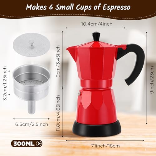 6 Cup Electric Espresso Coffee Maker 300ml Aluminum,Red - Image 2