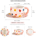 10oz Hand-Painted Ceramic Cup and Saucer Set, Cute Floral Print Coffee Mug with Handle, Porcelain Tea Cup for Office, Home, Kitchen, for Coffee Lovers - Image 2