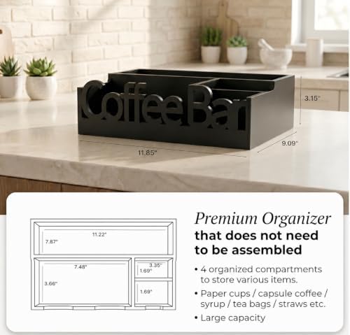 Coffee Bar Organizer Countertop,Wood Caddy with Compartments for Pods,Black - Image 5