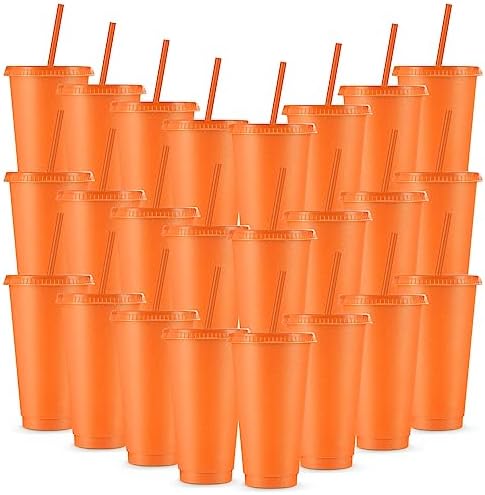 Amyhill 24 Pcs 24 oz Reusable Cups with Lids and Straws, Fluorescent Orange by Amyhill