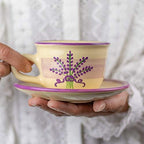 City to Cottage Handmade Lavender Floral Purple And Cream Ceramic 8.4oz/250ml | Cappuccino, Coffee, Tea Cup and Saucer, Unique Designer Pottery for Tea Lovers by CitytoCottage