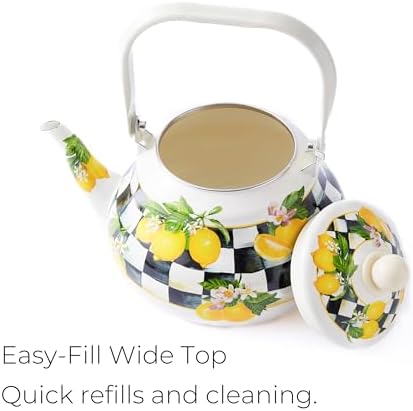 Checkered Tea Kettle with Lemon Pattern, 2 qt Enamel Stovetop Pot - Image 4