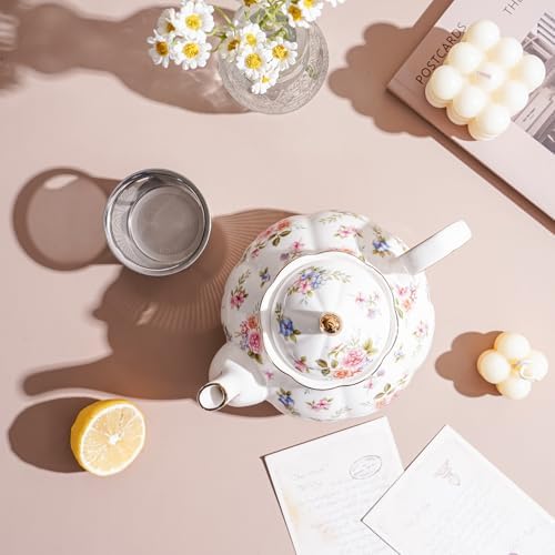 Small Ceramic Floral Teapot，22oz Tea Pot with Infuser for Blooming and Loose Tea, Coffee，milk (Little flowers, With tea strainer) - Image 5