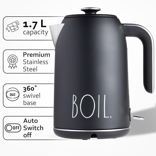 Rae Dunn Electric Hot Water Kettle - Stainless Steel Coffee Maker, Tea Kettle, Swivel Base, With Automatic Shut Off Boil-Dry Protection, Easy Pour Pitcher, 1500 Watt Boiling Power, 1.7 Liters, Black - Image 2