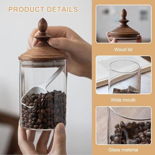 Glass Coffee Bean Jar Airtight Retro Wooden Lid Clear Container with Spoon - Image 3