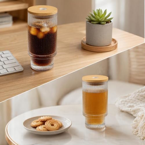 Glass Cups with Lids and Straws 16 oz Ribbed Drinking Glasses Set - Image 5