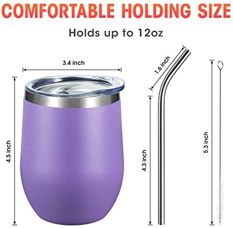 COMOOO Stainless Steel Wine Tumbler Glass Bulk with Lid and Straw 12oz Double Wall Vacuum Insulated Travel Tumbler Cup Stemless for Coffee Wine Cocktails Ice Cream Cup,Purple, 16 pack - Image 4