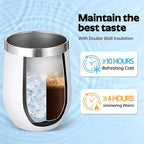 Volhoply 12oz Stainless Steel Wine Tumbler with Lid Bulk 12 Pack,Double Wall Vacuum Stemless Wine Glasses,Reusable Metal Travel Coffe Mug with Straw,Insulated Cups Gifts for Christmas（White,12 Set） - Image 5
