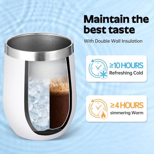 Volhoply 12oz Stainless Steel Wine Tumbler with Lid Bulk 12 Pack,Double Wall Vacuum Stemless Wine Glasses,Reusable Metal Travel Coffe Mug with Straw,Insulated Cups Gifts for Christmas（White,12 Set） - Image 5