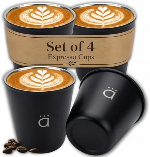 Kalmateh Heat Resistant Espresso Cups Set of 4 – Double Wall Insulated Stainless Steel Espresso Cup Set – Unbreakable 2.7oz / 80ml Demitasse Coffee Cups by Kalmateh