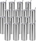16 Pack 20 Oz Straight Skinny Tumblers,Individually Gift Boxed Stainless Steel Slim Skinny Tumbler Set Bulk, 20 Oz Insulated Slim Thin Travel Tumbler Cup for Diy, Silver by Wzaytia