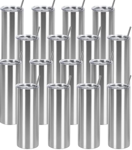 16 Pack 20 Oz Straight Skinny Tumblers,Individually Gift Boxed Stainless Steel Slim Skinny Tumbler Set Bulk, 20 Oz Insulated Slim Thin Travel Tumbler Cup for Diy, Silver by Wzaytia