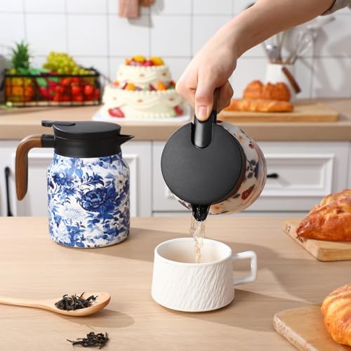 LemonRoad 2 Pcs 35 oz Vintage Floral Pattern Tea Pot with Infuser | Stainless Steel Insulated Tea Pot with Lid and Wooden Handle Thermal Carafe for Hot Drinks Coffee(White, Blue and White Porcelain) - Image 4