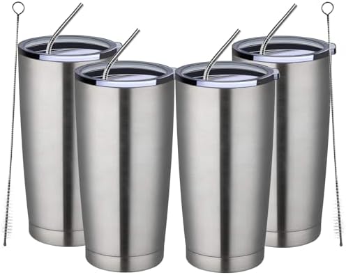MEWAY 20oz Tumbler 4 Pack Double Wall Vacuum Insulated Travel Mug Bulk, Stainless Steel Tumblers with Lid and Straw, Durable Powder Coated Coffee Cups for Cold & Hot Drinks (Silver, 4) by MEWAY