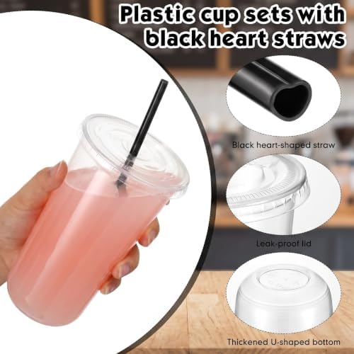 Ziliny 50 Sets 20 oz Clear Plastic Cups with Black Heart Straws and Lids - Image 4