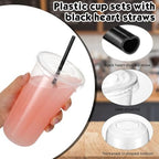 Ziliny 50 Sets 20 oz Clear Plastic Cups with Black Heart Straws and Lids - Image 4